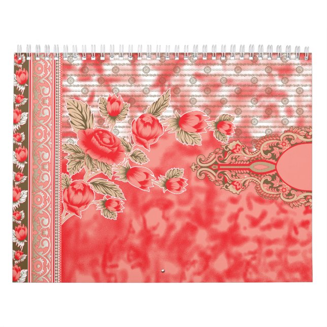 A vibrant red and pink floral pattern featuring el calendar (Cover)