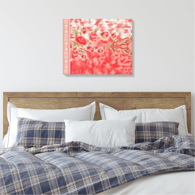A vibrant red and pink floral pattern featuring el canvas print (Insitu(Bedroom))