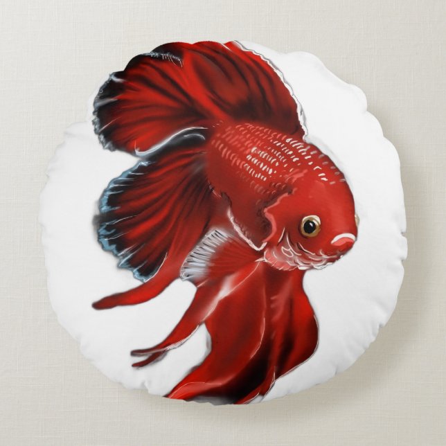 A vibrant red betta fish swimming. round pillow (Front)