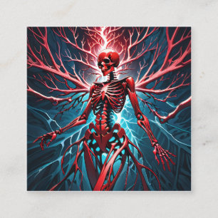 A vibrant red devilish skeleton is an image that i square business card
