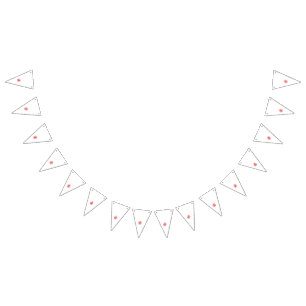A vibrant red graphic design featuring bold, abstr bunting flags