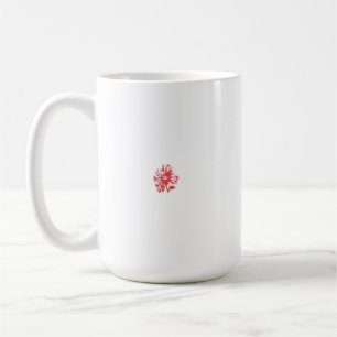 A vibrant red graphic design featuring bold, abstr coffee mug