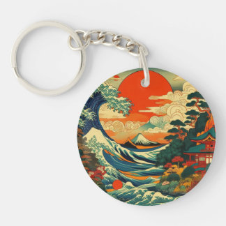 A vibrant, stylized ukiyo-e print keychain
