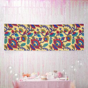 A vibrant textile art piece featuring bold red, ye banner