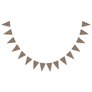 A vibrant textile art piece featuring bold red, ye bunting flags