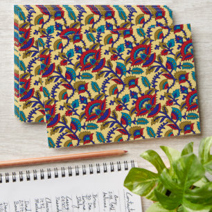 A vibrant textile art piece featuring bold red, ye envelope