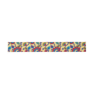 A vibrant textile art piece featuring bold red, ye invitation belly band