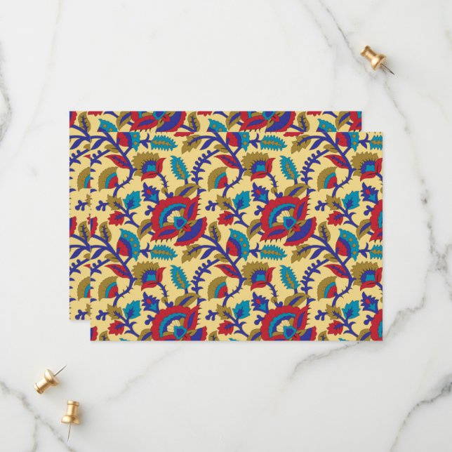 A vibrant textile art piece featuring bold red, ye save the date (Front/Back In Situ)