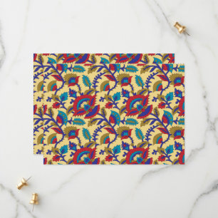 A vibrant textile art piece featuring bold red, ye save the date