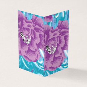 A vibrant textile design featuring purple and turq
