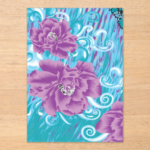 A vibrant textile design featuring purple and turq acrylic invitations