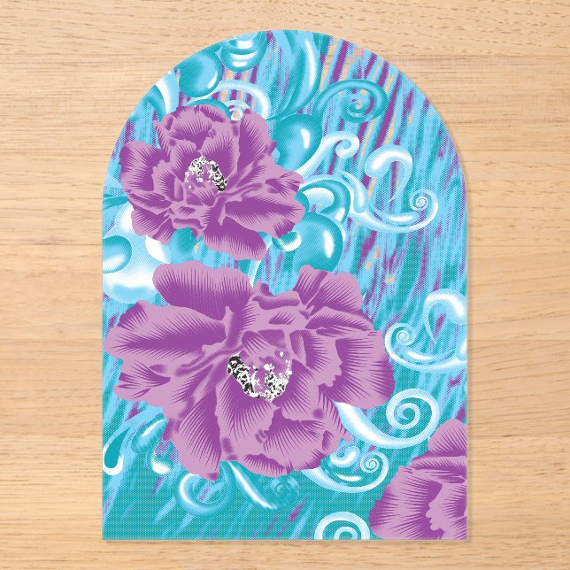 A vibrant textile design featuring purple and turq acrylic invitations (Front)