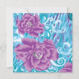 A vibrant textile design featuring purple and turq announcement