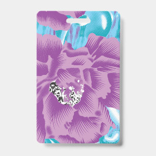 A vibrant textile design featuring purple and turq badge