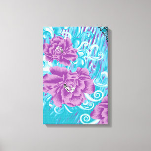 A vibrant textile design featuring purple and turq canvas print