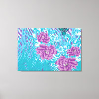 A vibrant textile design featuring purple and turq