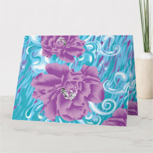 A vibrant textile design featuring purple and turq card
