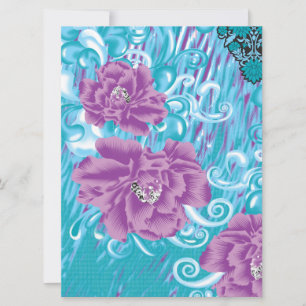 A vibrant textile design featuring purple and turq card