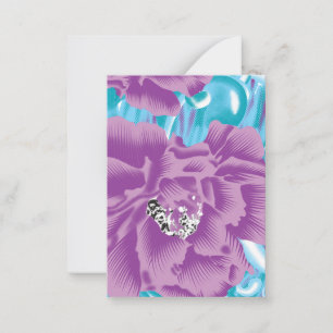 A vibrant textile design featuring purple and turq card