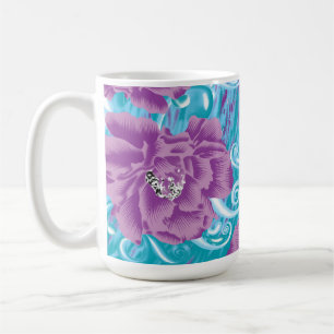 A vibrant textile design featuring purple and turq coffee mug
