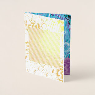 A vibrant textile design featuring purple and turq foil card