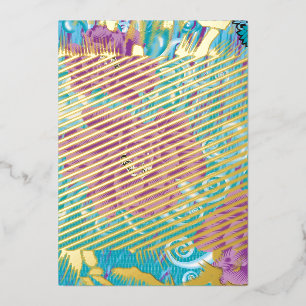 A vibrant textile design featuring purple and turq foil holiday card