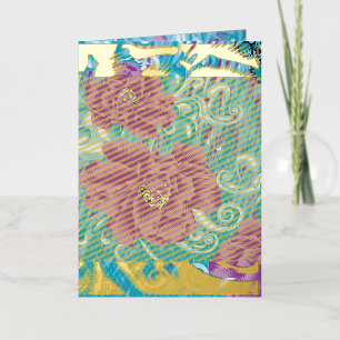A vibrant textile design featuring purple and turq foil holiday card