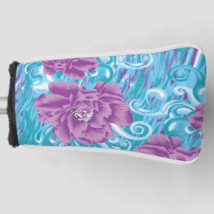 A vibrant textile design featuring purple and turq golf head cover