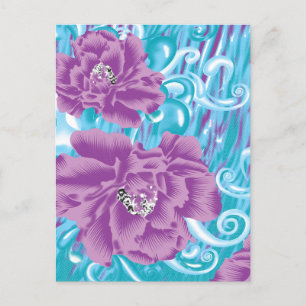A vibrant textile design featuring purple and turq invitation postcard