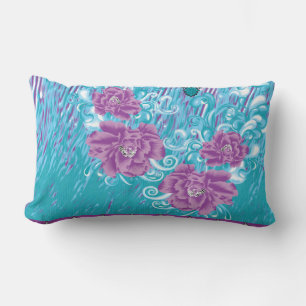 A vibrant textile design featuring purple and turq lumbar pillow