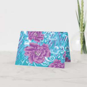 A vibrant textile design featuring purple and turq note card