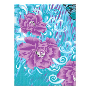 A vibrant textile design featuring purple and turq photo print