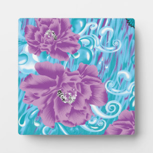A vibrant textile design featuring purple and turq plaque