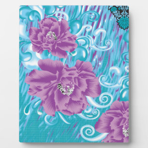 A vibrant textile design featuring purple and turq plaque