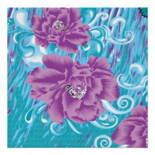 A vibrant textile design featuring purple and turq poster