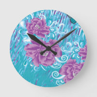 A vibrant textile design featuring purple and turq