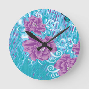 A vibrant textile design featuring purple and turq round clock