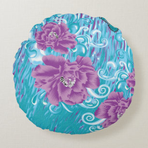 A vibrant textile design featuring purple and turq round pillow