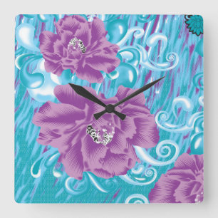 A vibrant textile design featuring purple and turq square wall clock