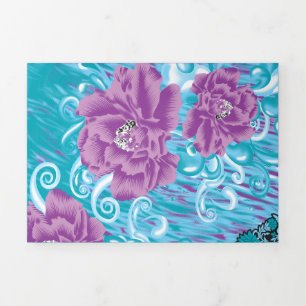 A vibrant textile design featuring purple and turq Tri-Fold announcement