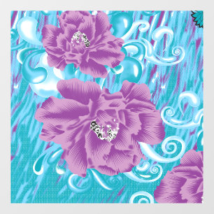 A vibrant textile design featuring purple and turq window cling
