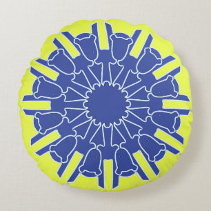 A vibrant yellow blue classic fabric pattern round pillow