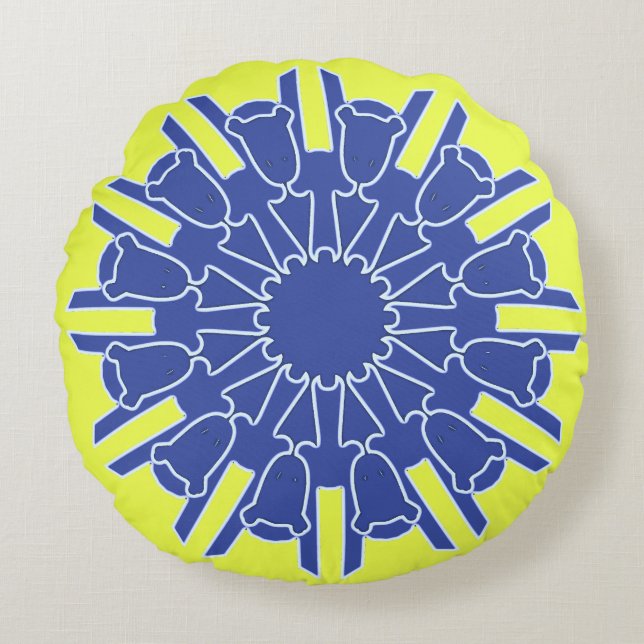 A vibrant yellow blue classic fabric pattern  round pillow (Front)
