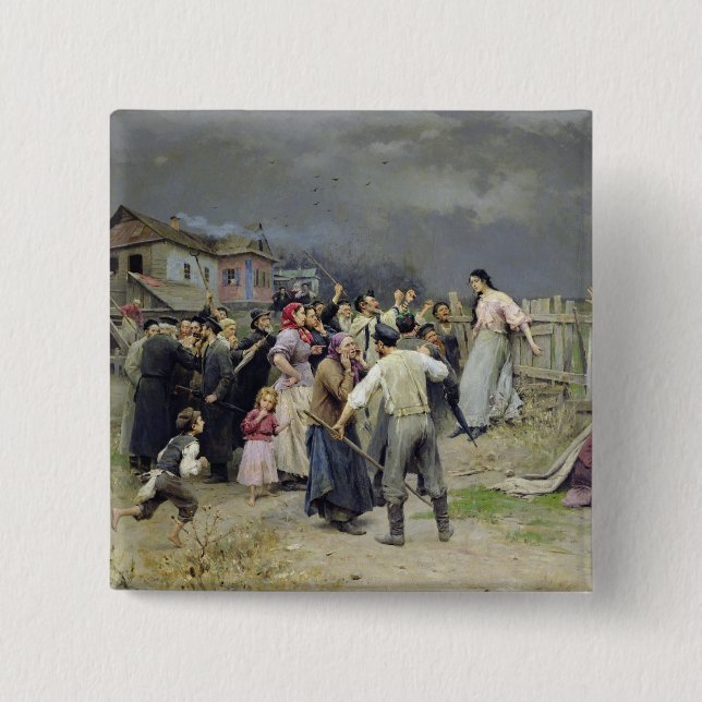 A victim of fanaticism, 1899 2 inch square button (Front)