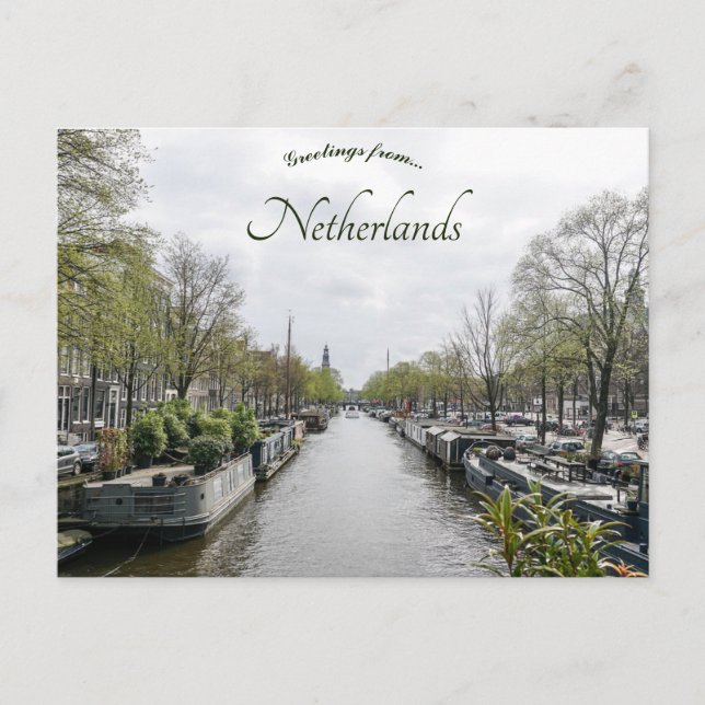 A View of a Canal in Amsterdam Netherlands Postcard (Front)
