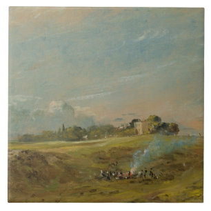 A View of Hampstead Heath, with figures round a bo Tile