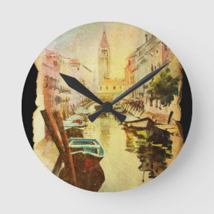 A View Of The Canal With Boats And Buildings Round Clock