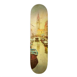A View Of The Canal With Boats And Buildings Skateboard