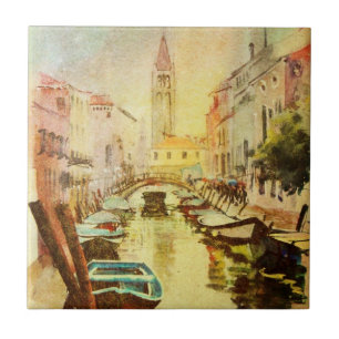 A View Of The Canal With Boats And Buildings Tile