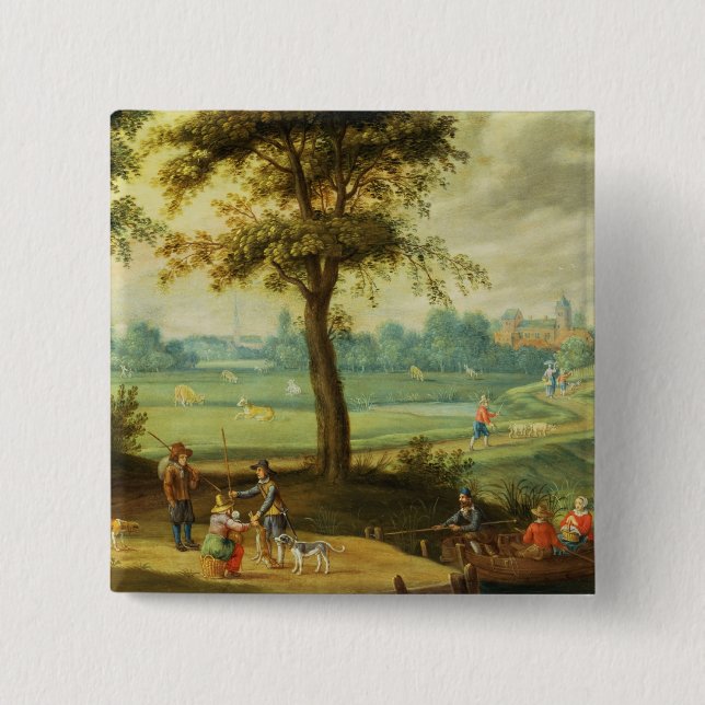 A Village Landscape by a River 2 Inch Square Button (Front)